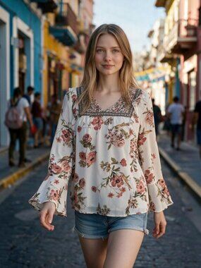 My Danielle Floral Blouse White Pink Small S Long Sleeve Peasant Boho Casual Top